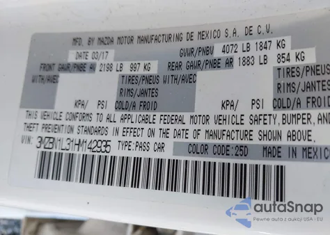 2017 Mazda Mazda3 Touring 2.5 from USA, damaged, VIN 3MZBN1L31HM142935